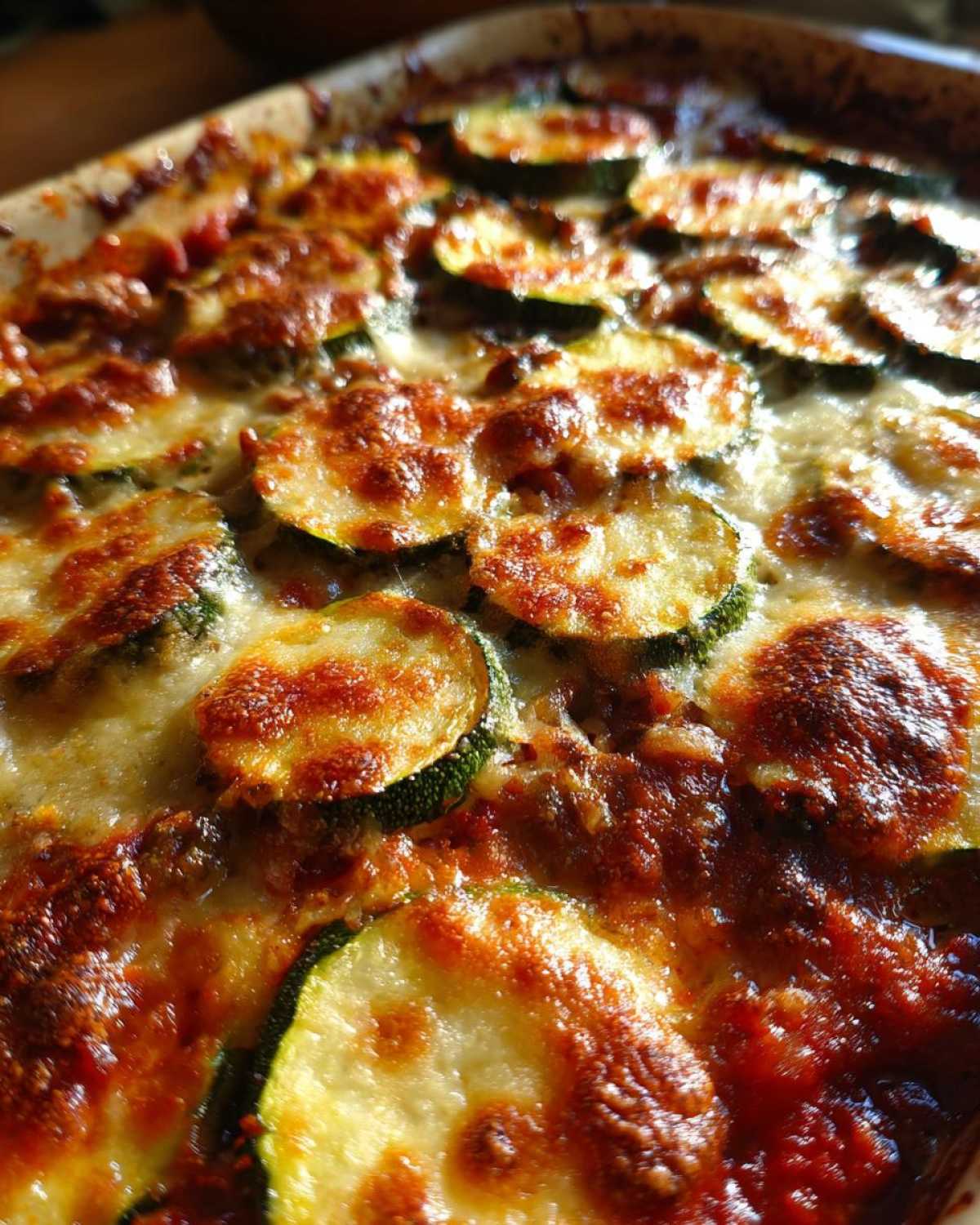 Zbliżenie na zapiekankę z cukinią w naczyniu do pieczenia, z widoczną roztopioną, lekko przypieczoną warstwą sera i plasterkami cukinii.