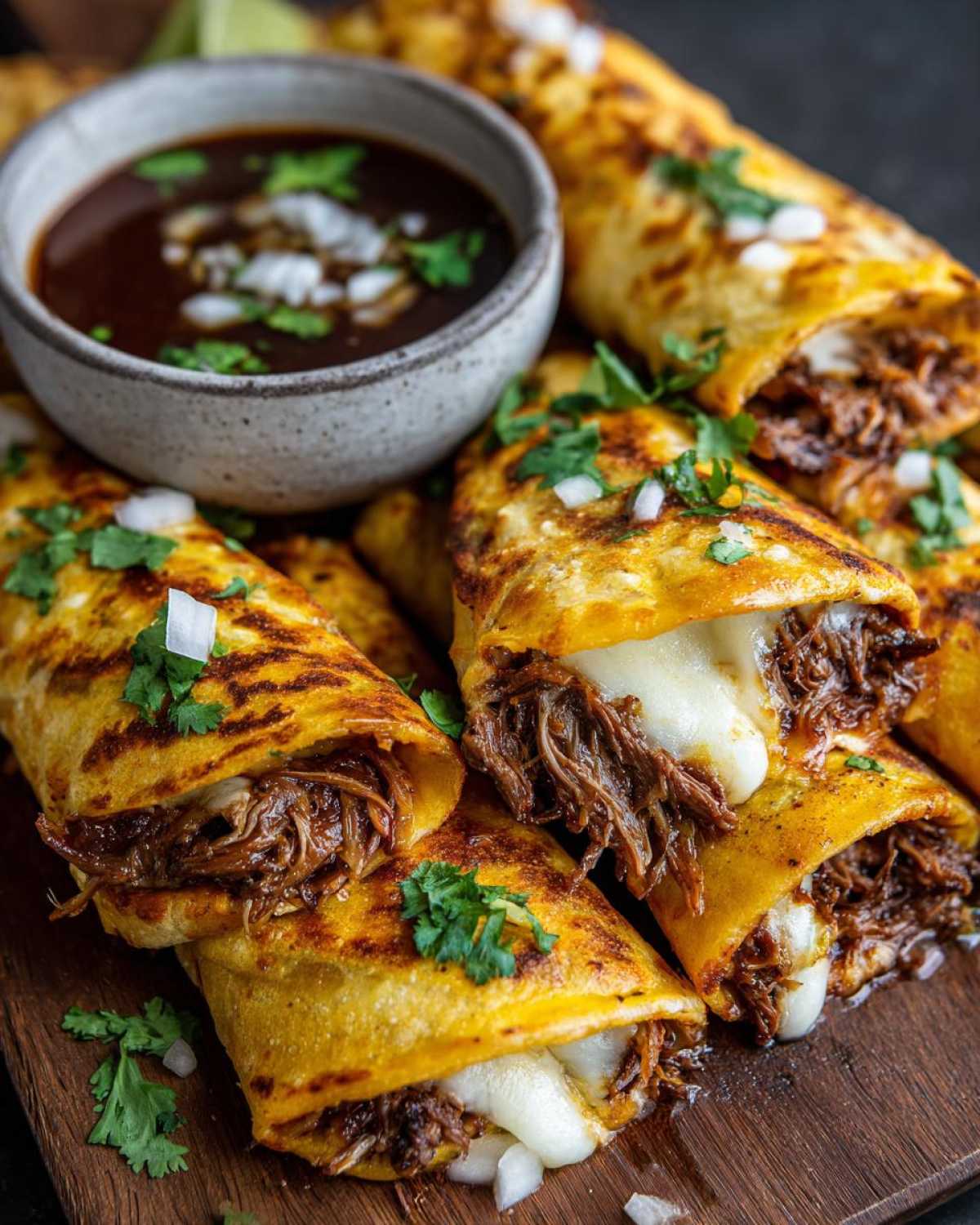 Zbliżenie na chrupiące Birria tacos z roztopionym serem, soczystym mięsem i posiekaną kolendrą, obok miseczka z sosem.