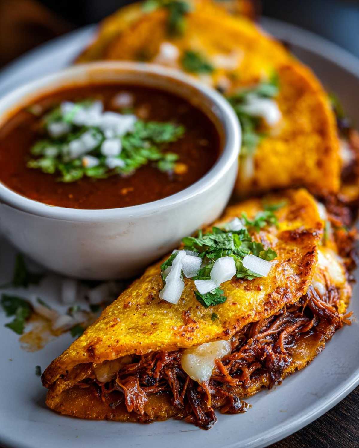Zbliżenie na pyszne tacos z consommé, z widocznym mięsem i serem, posypane cebulą i kolendrą.