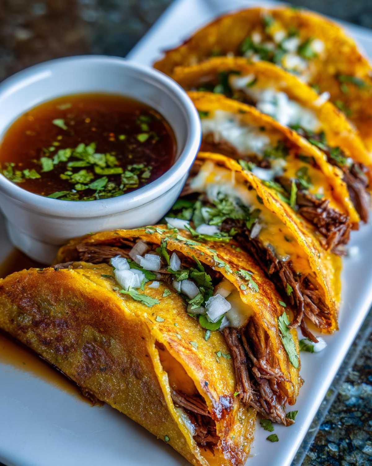Zbliżenie na talerz z kilkoma chrupiącymi Birria Tacos, wypełnionymi mięsem i serem, obok miseczka z aromatycznym sosem consommé.