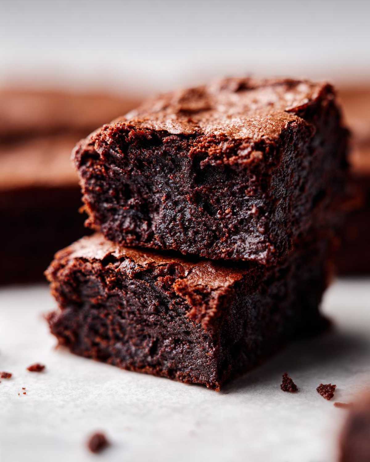 Zdjęcie z bliska dwóch kawałków brownie z cukinii ułożonych jeden na drugim. Brownie wyglądają na wilgotne i czekoladowe.