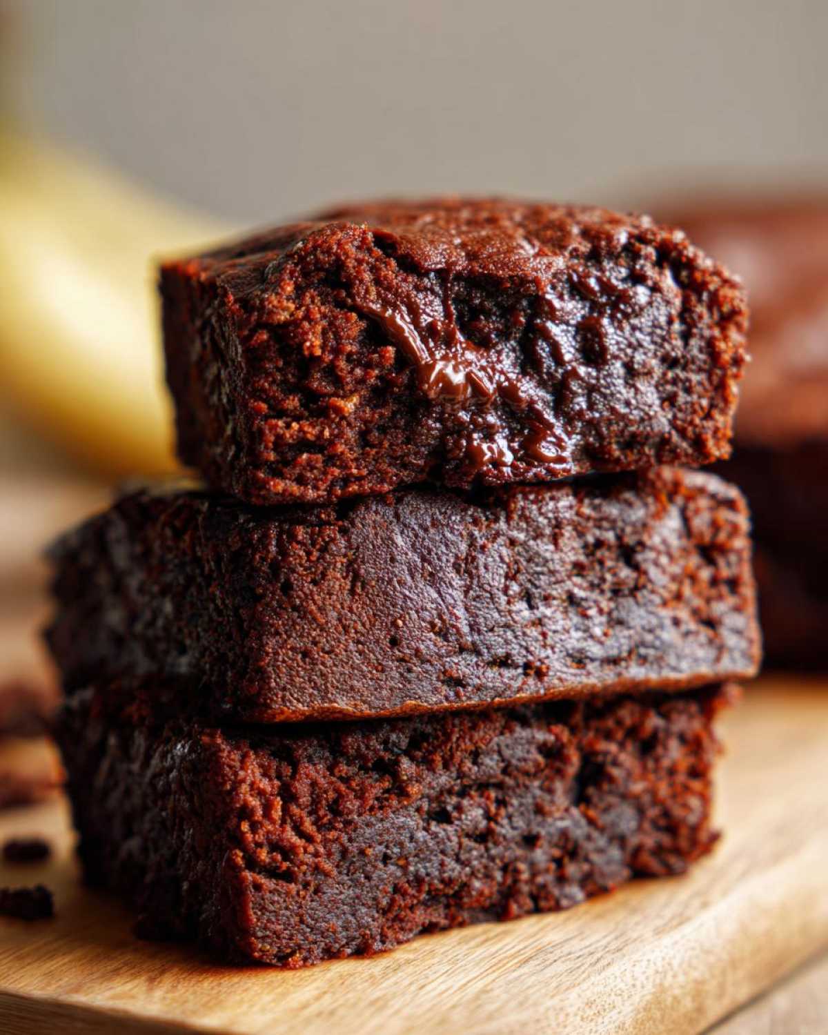 Stos trzech kostek brownie z cukinii, ukazujący ich wilgotną teksturę i bogaty, czekoladowy kolor.