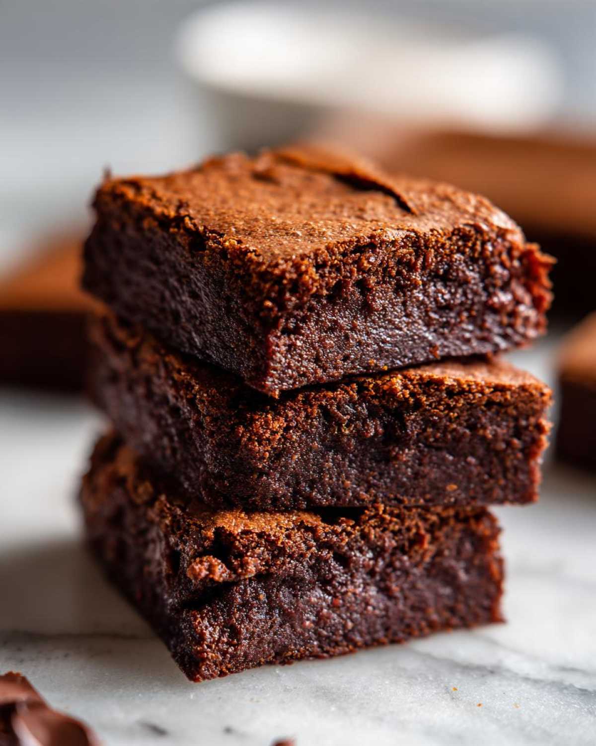 Zdjęcie stosu trzech kostek brownie z cukinii, ukazujące ich wilgotną konsystencję i bogaty, czekoladowy kolor.