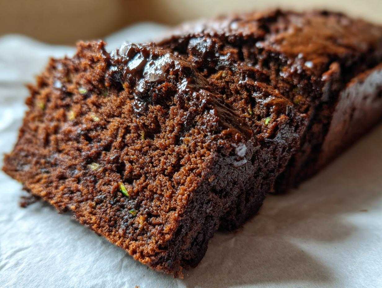 Kawałki brownie z cukinii, ukazujące wilgotną teksturę i kawałki cukinii. Pyszny deser!