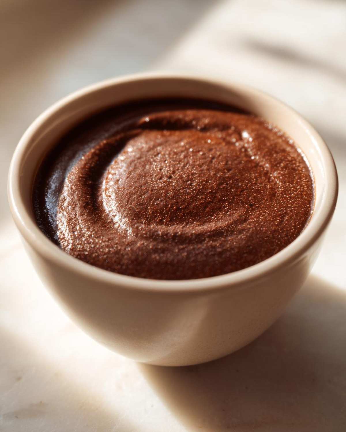 Zdjęcie z bliska kremowego budyniu jaglanego czekoladowego w beżowej miseczce.