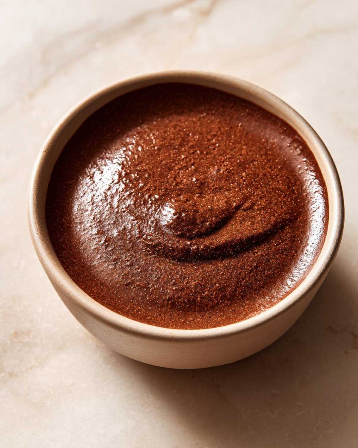 Zdjęcie z góry miseczki z kremowym budyniem jaglanym czekoladowym na beżowym tle.