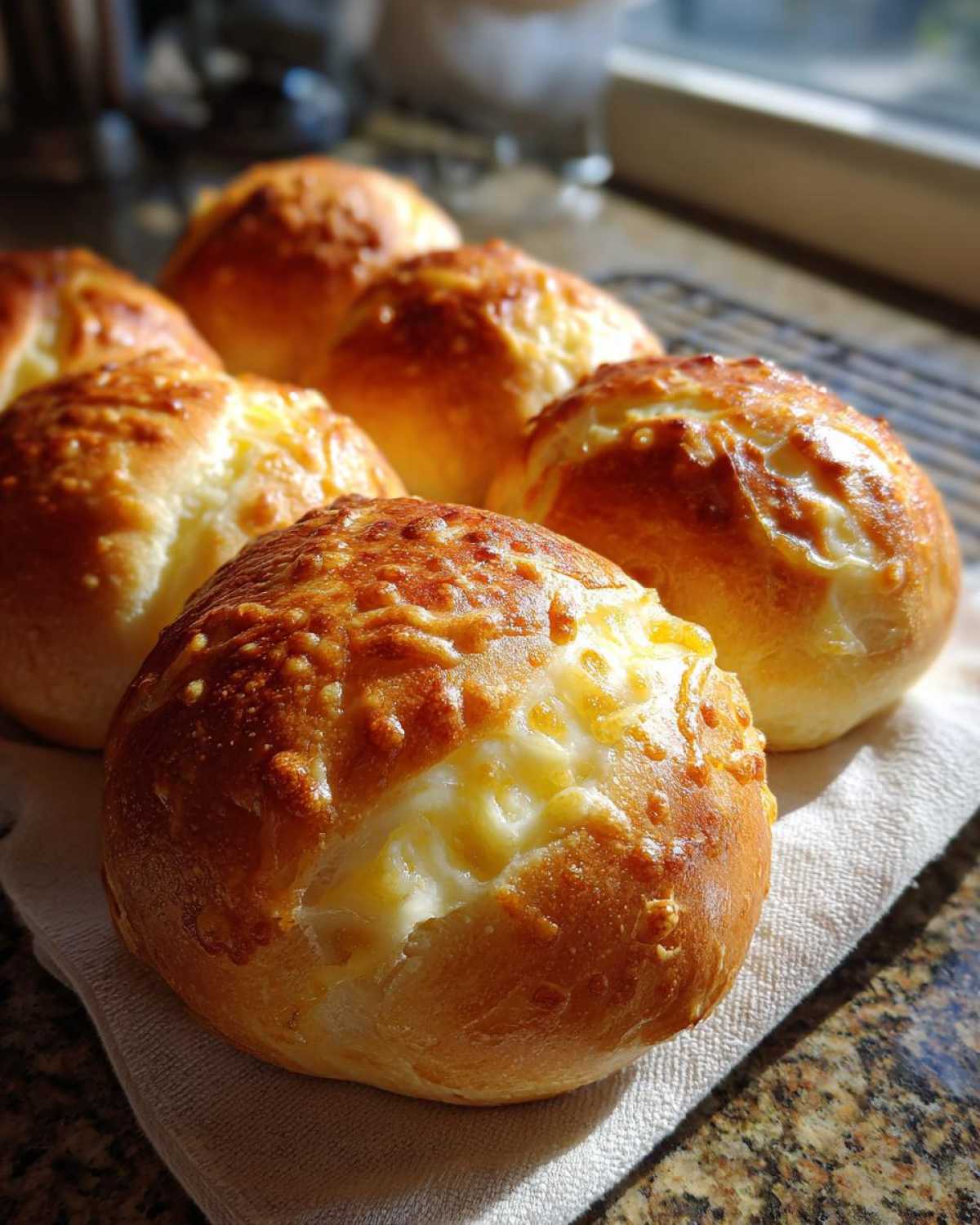 Zdjęcie przedstawia świeżo upieczone bułeczki drożdżowe z serem, ułożone na ściereczce.