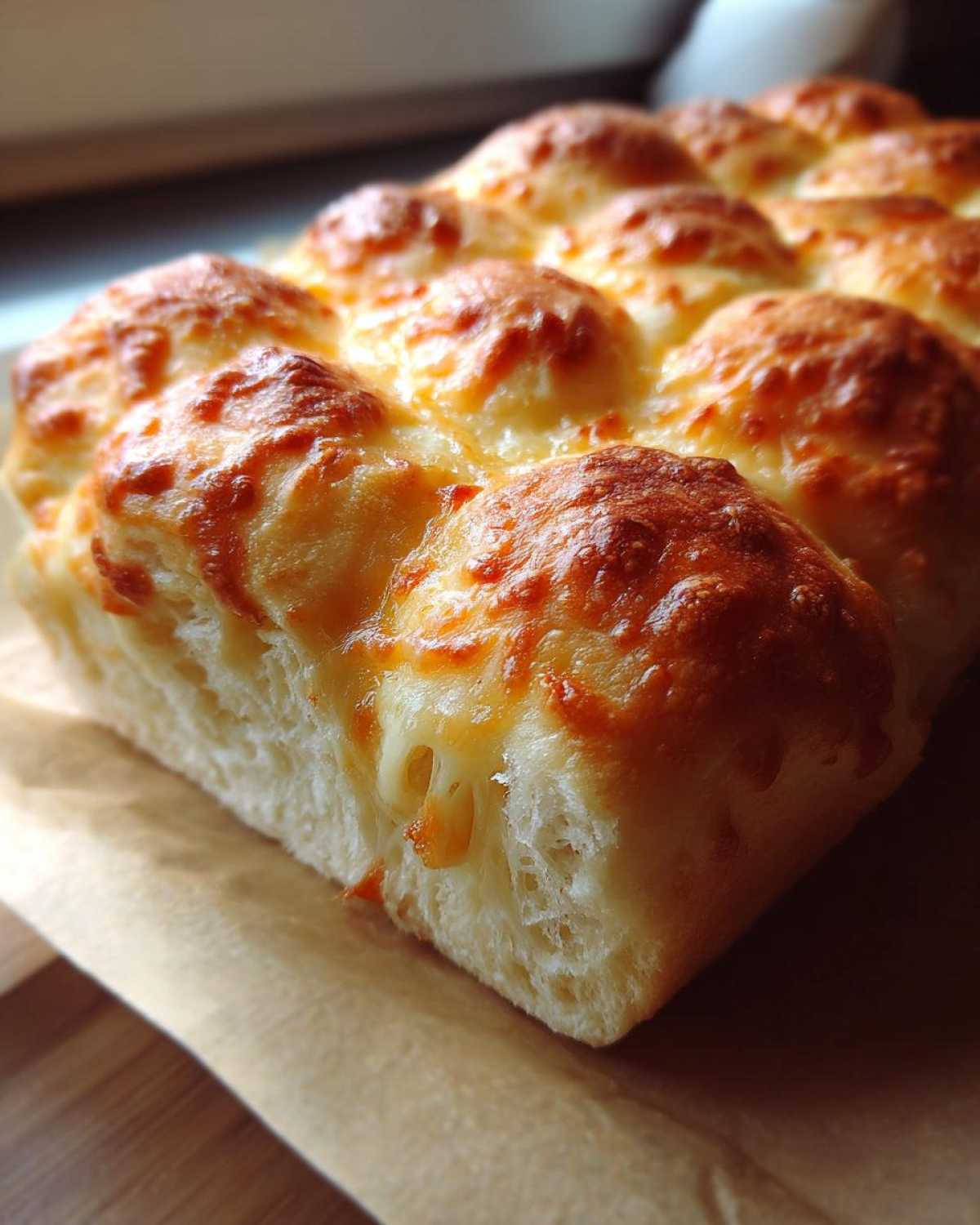 Zdjęcie z bliska puszystych bułeczek drożdżowych z serem, z widoczną strukturą ciasta i stopionego sera.