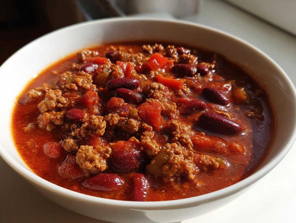 Zdjęcie z bliska miski chili con carne z wołowiną, fasolą i warzywami.
