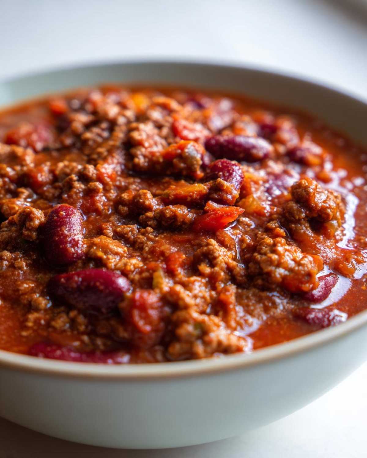 Zdjęcie zbliżeniowe miski z chili con carne, widoczne mięso, fasola i sos pomidorowy.
