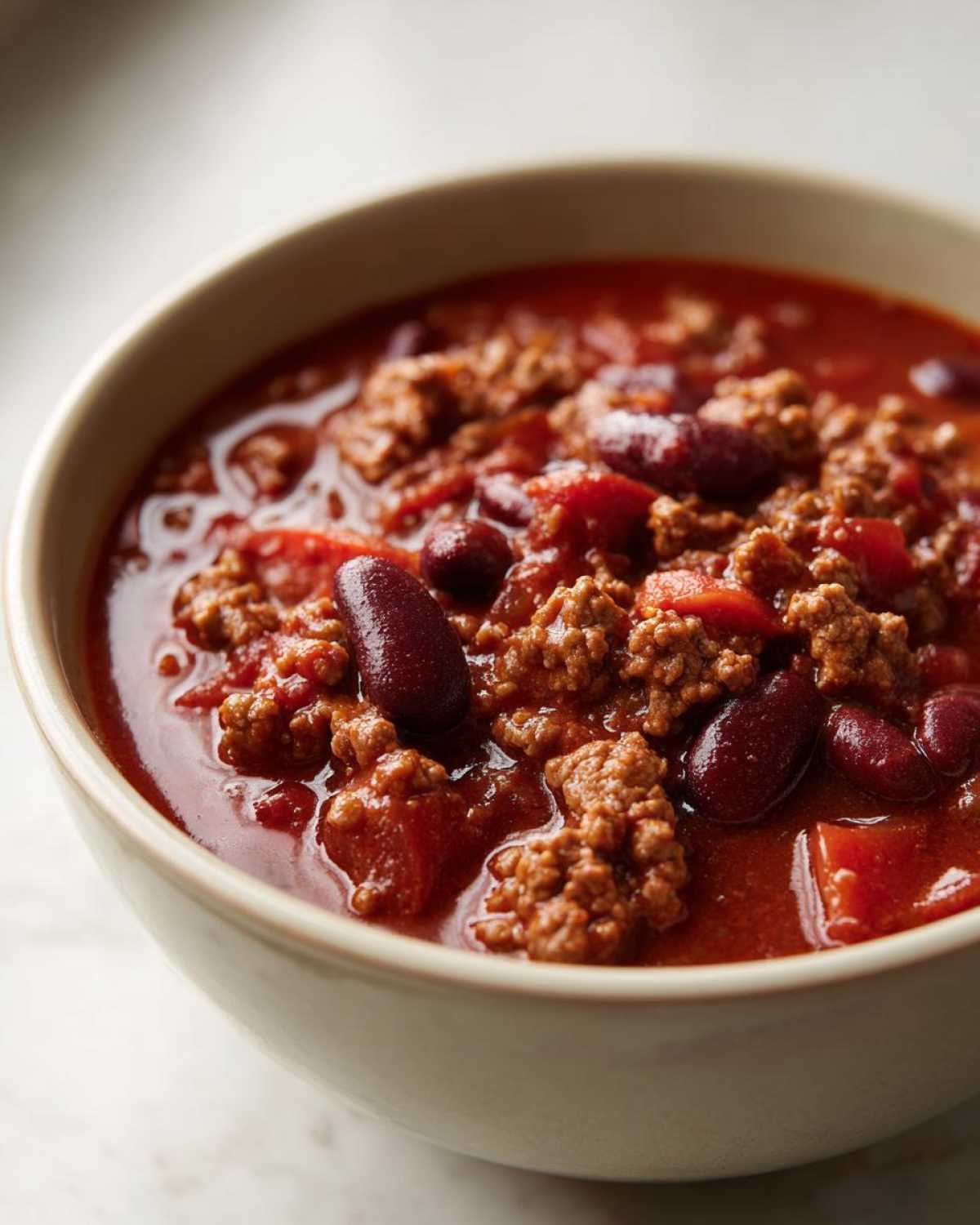 Zdjęcie z bliska miski z chili con carne, z widocznym mięsem mielonym, fasolą i pomidorami.