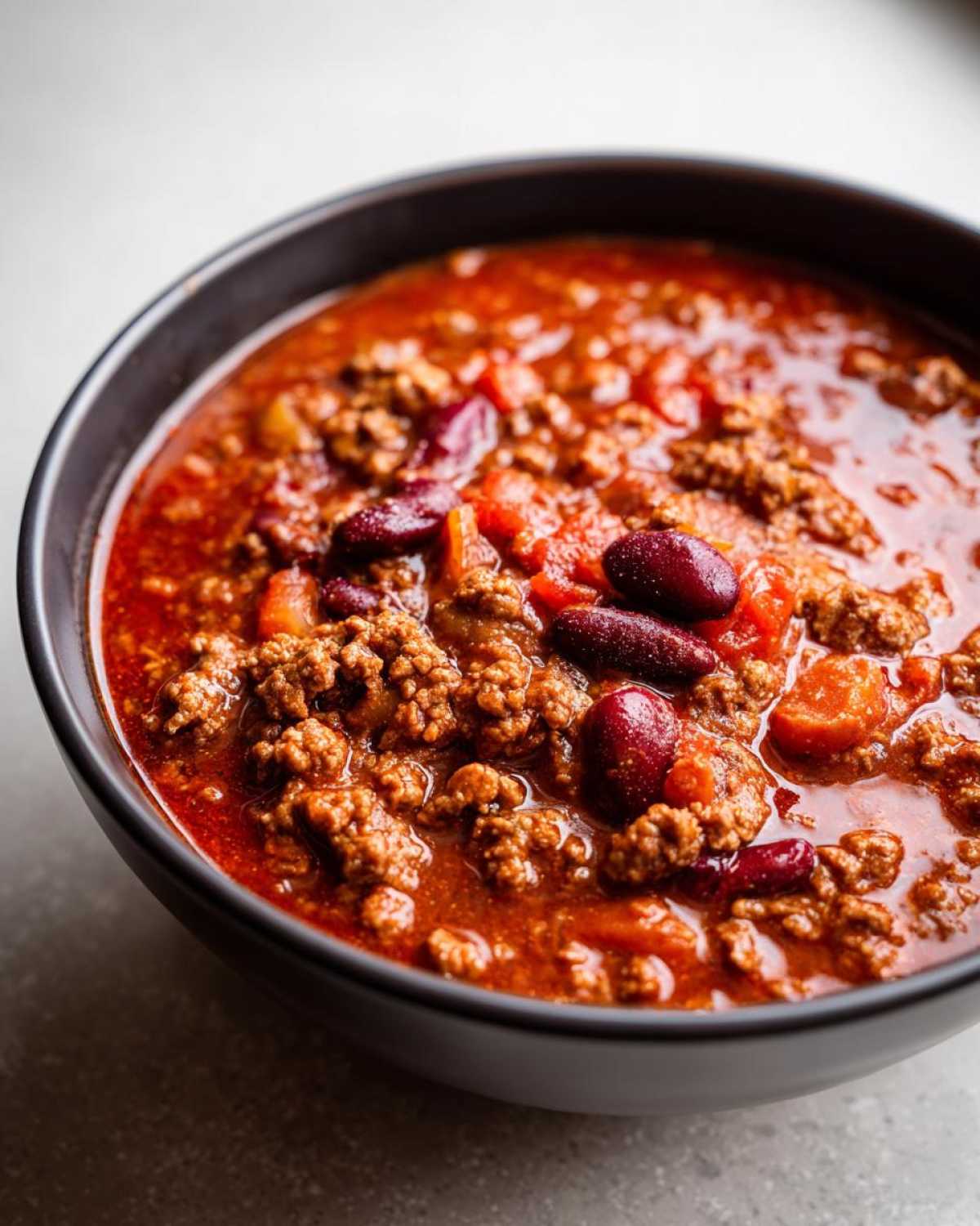 Miseczka pełna pysznego chili con carne z mięsem, fasolą i warzywami.