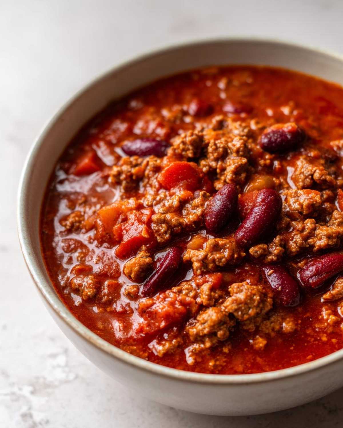 Miseczka pełna aromatycznego Chili con Carne z mięsem, fasolą i pomidorami.