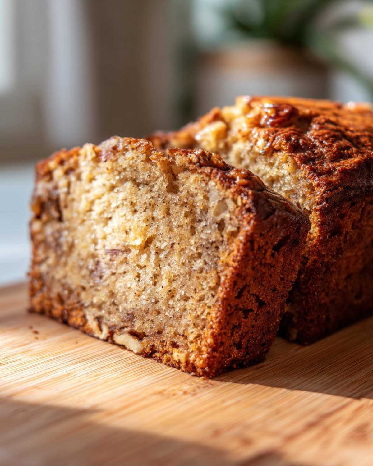 Zdjęcie z bliska kawałka chlebka bananowego na drewnianej desce. Widoczne orzechy i wilgotna konsystencja. Chlebek bananowy.