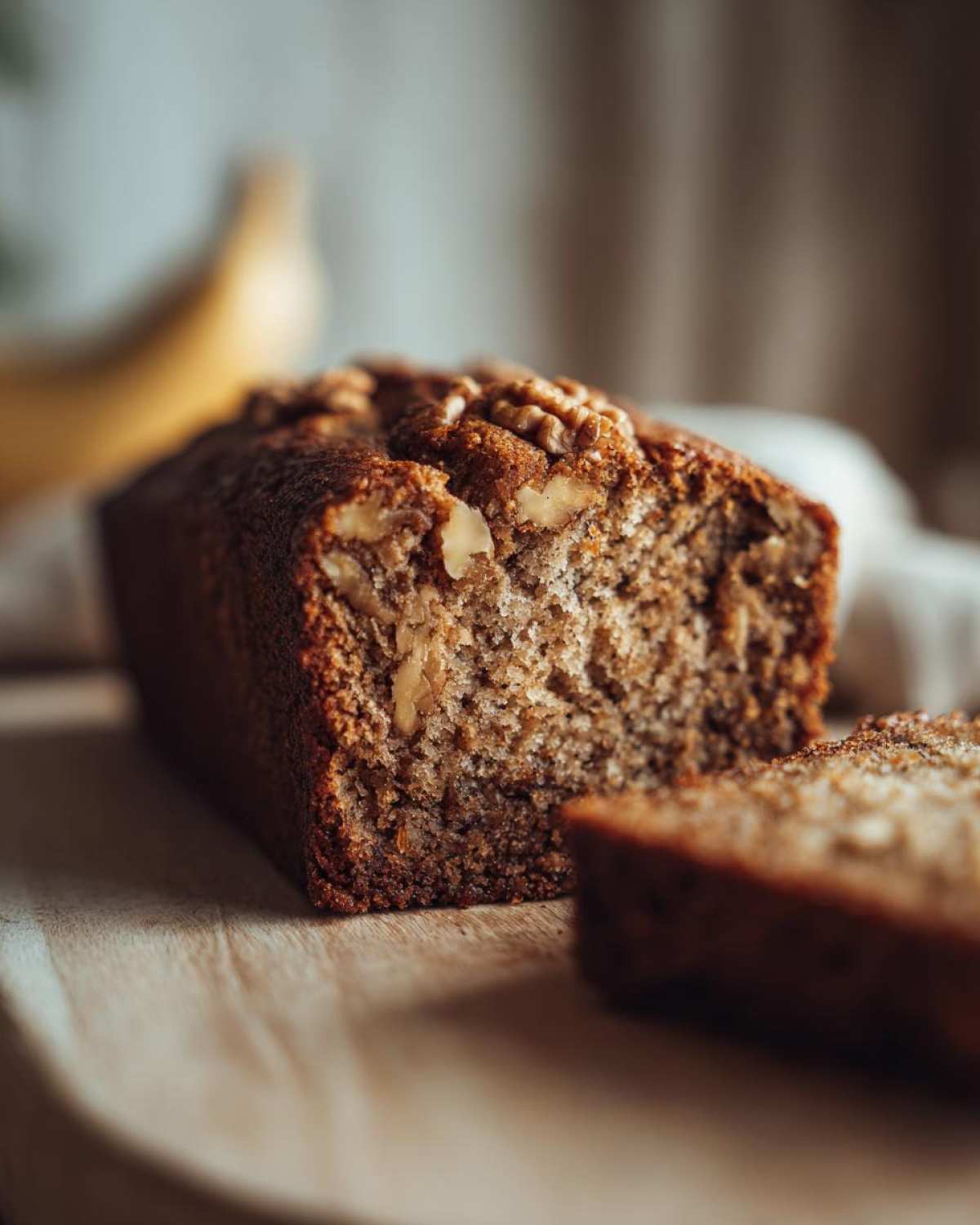 Zdjęcie chlebka bananowego z orzechami włoskimi na drewnianej desce. Widoczny również kawałek chlebka.