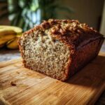 Zdjęcie zbliżeniowe chlebka bananowego z orzechami na drewnianej desce do krojenia. Pyszny chlebek bananowy.