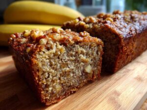 Zdjęcie przedstawia chlebek bananowy z orzechami na drewnianej desce. Idealny chlebek bananowy.