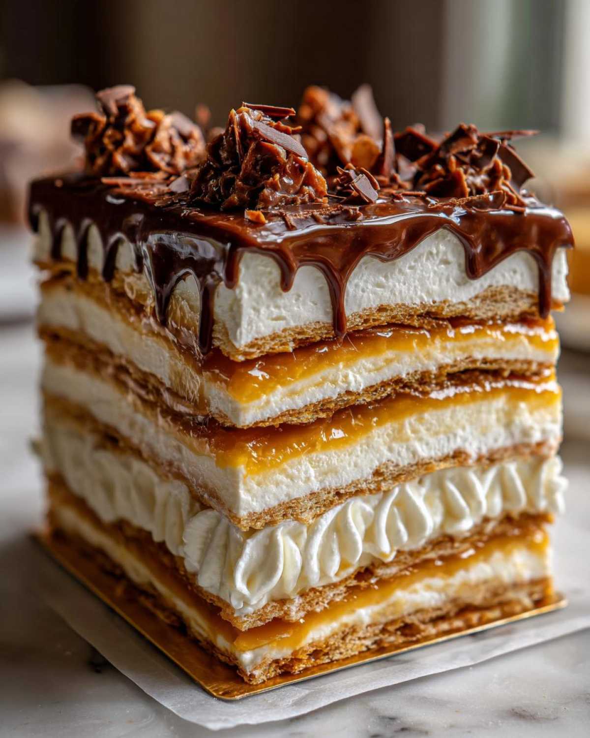 Kawałek Ciasta 3 Bit z kremem, karmelem i polewą czekoladową. Pyszny deser bez pieczenia.