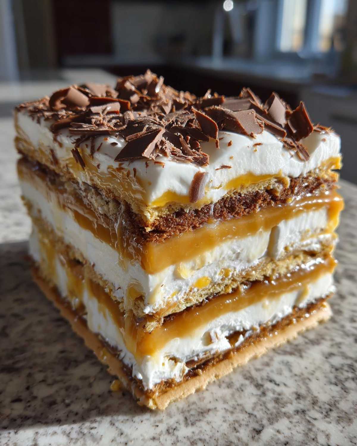 Kawałek Ciasta 3 Bit z warstwami herbatników, kremu, karmelu i czekolady.