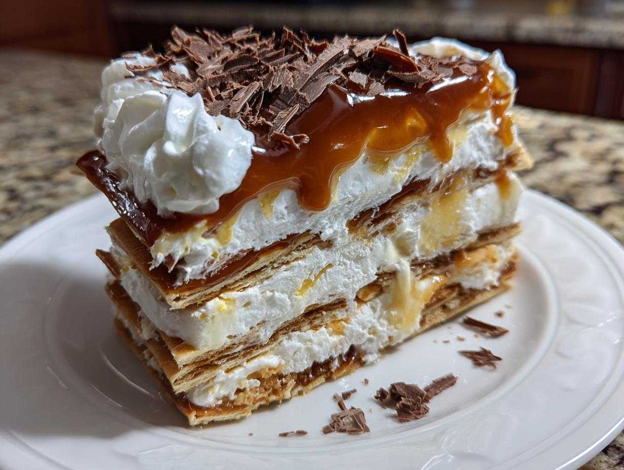 Apetyczny kawałek Ciasta 3 Bit z kremem, karmelem i posypką z czekolady.