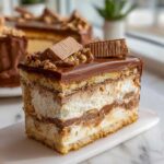 Apetyczny kawałek Ciasta Kinder Bueno z kremem, polewą czekoladową i orzechami.