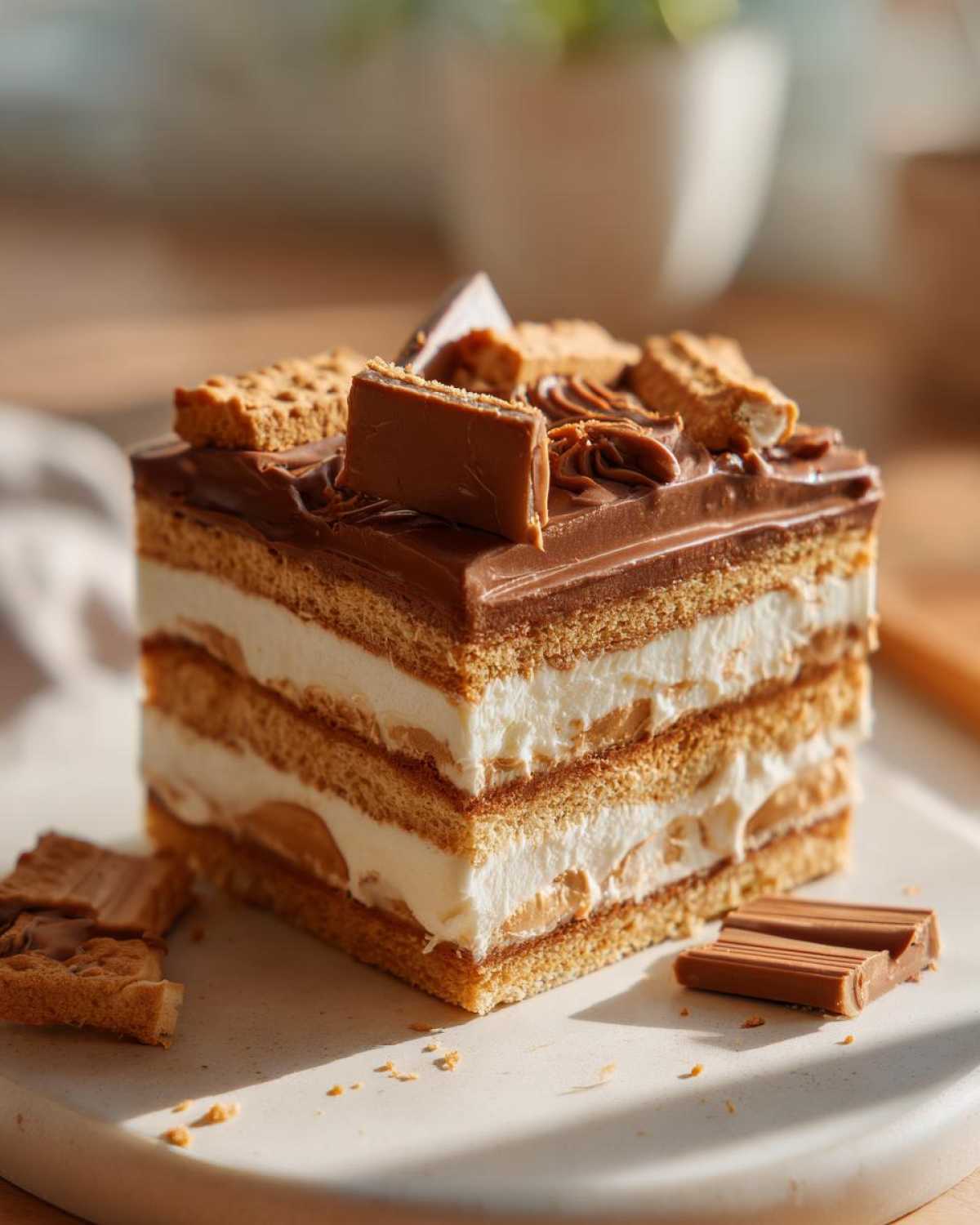 Kawałek Ciasta Kinder Bueno z kremem, czekoladą i wafelkami, idealny deser.