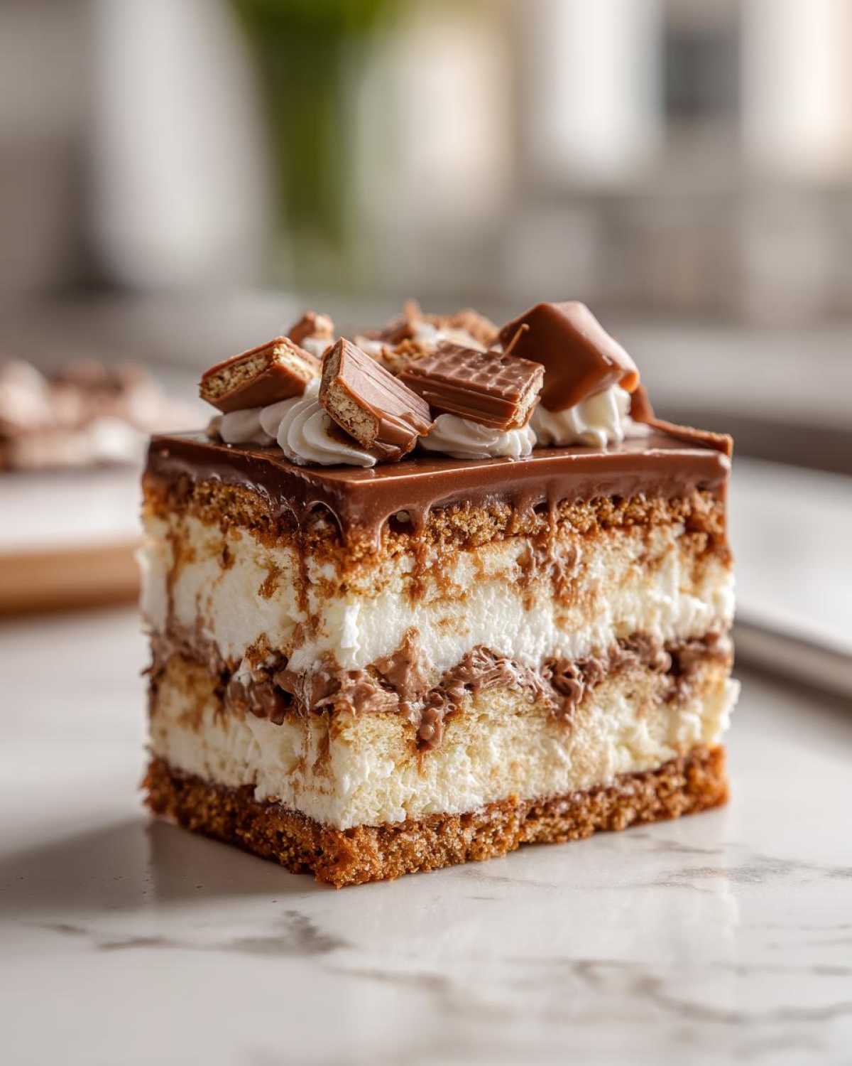 Kawałek Ciasta Kinder Bueno z polewą czekoladową i kawałkami batoników Kinder.