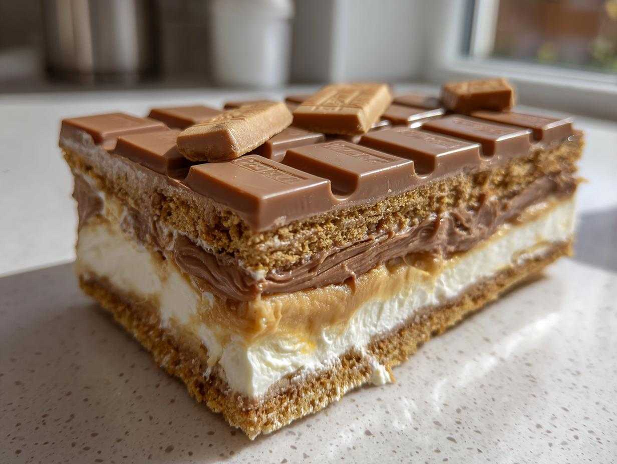 Kawałek Ciasta Kinder Bueno z widocznymi warstwami kremu, herbatników i czekolady Kinder.