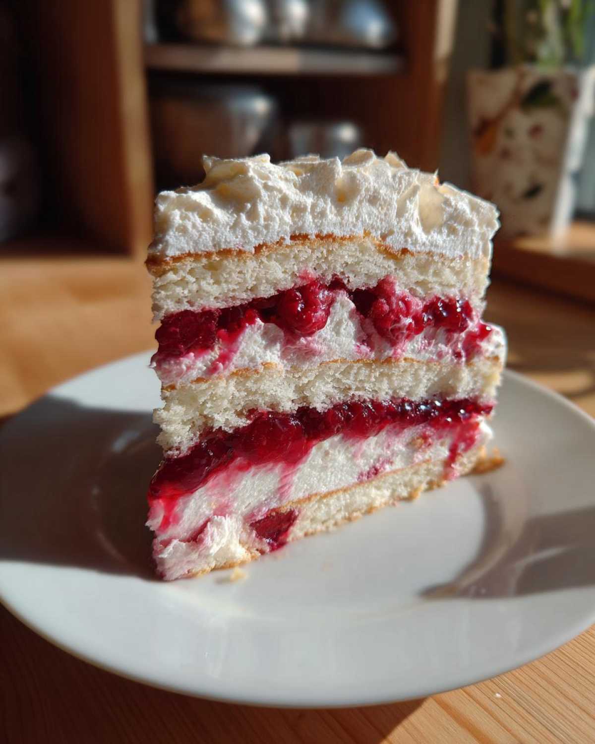 Kawałek ciasta Malinowa Chmurka z malinami i bitą śmietaną na białym talerzu.