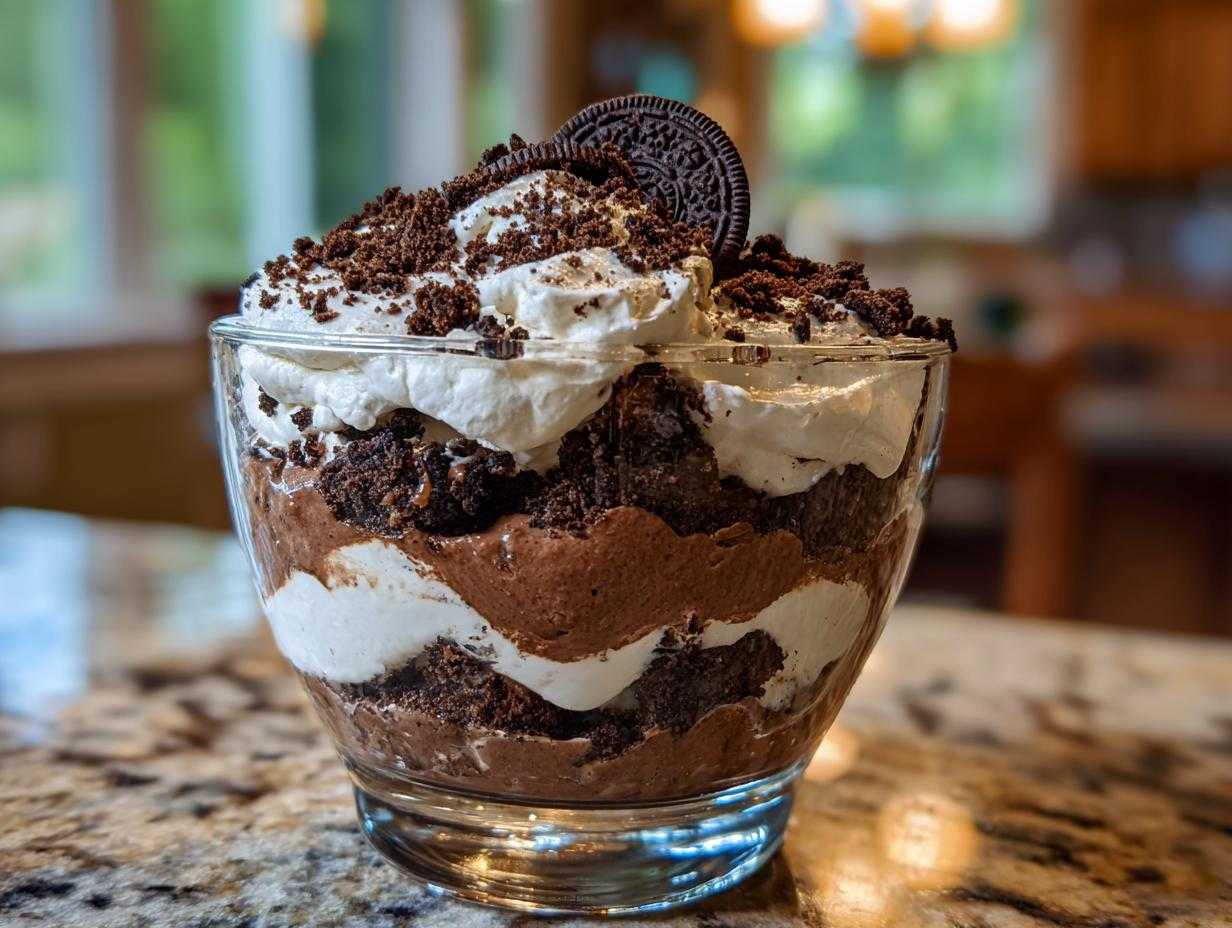 Apetyczny deser Oreo w pucharku, warstwy kremu, ciastek i czekolady.