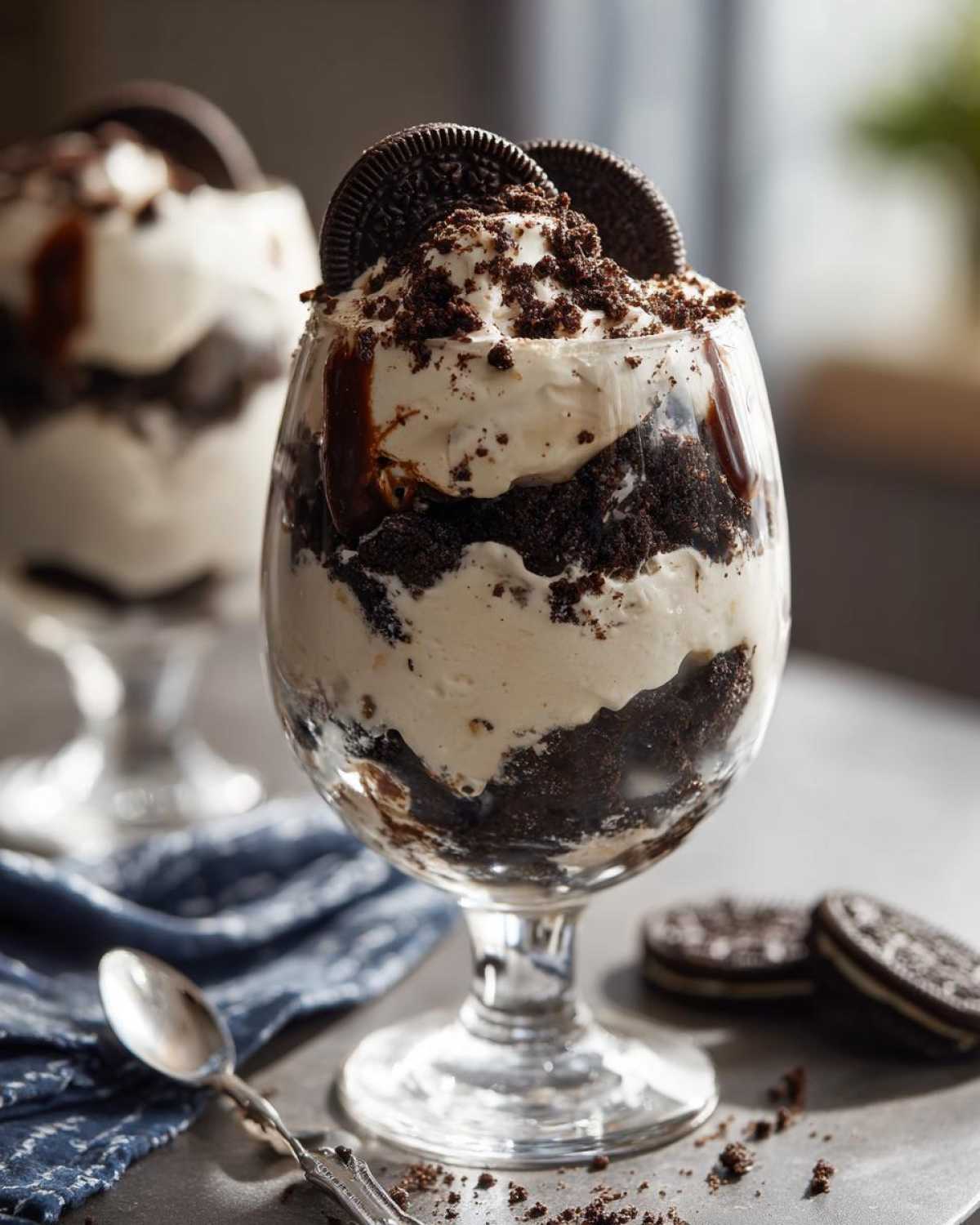 Pyszny deser Oreo w pucharku, warstwy kremu i pokruszonych ciasteczek Oreo.