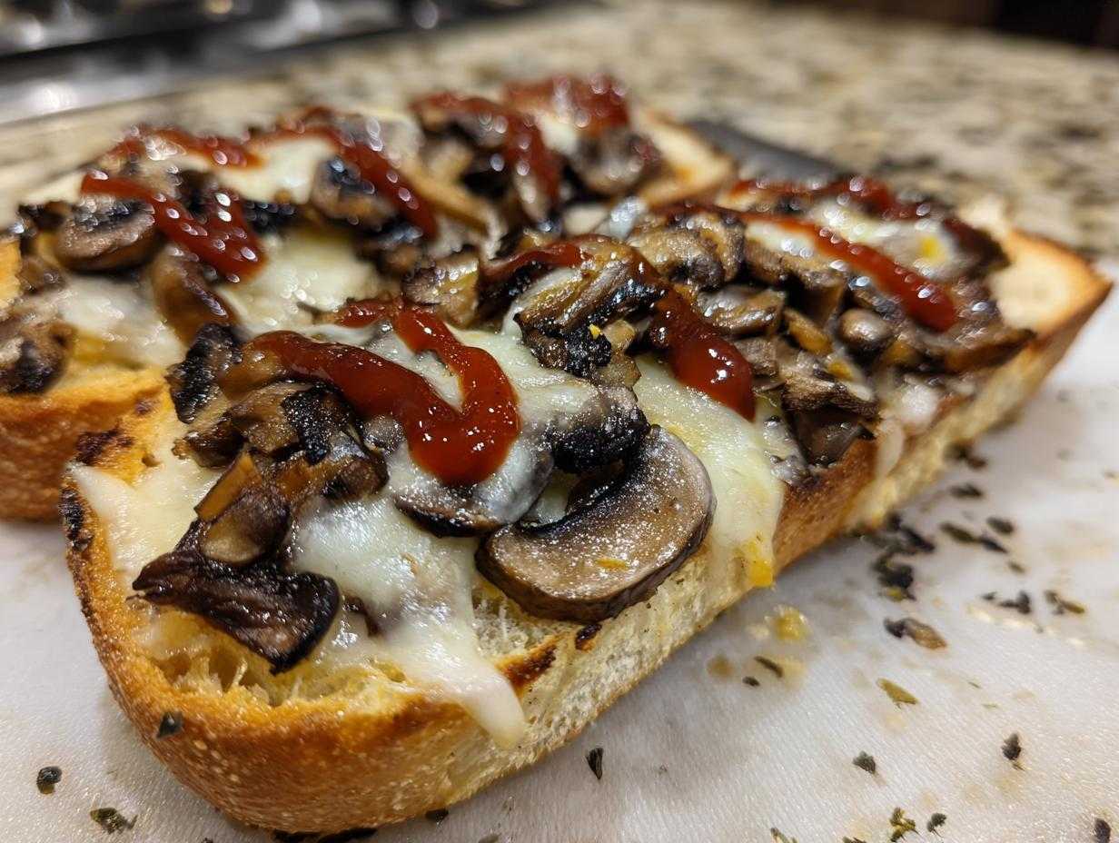 Zdjęcie przedstawia domowe zapiekanki z pieczarkami, serem i sosem na chrupiącej bagietce.