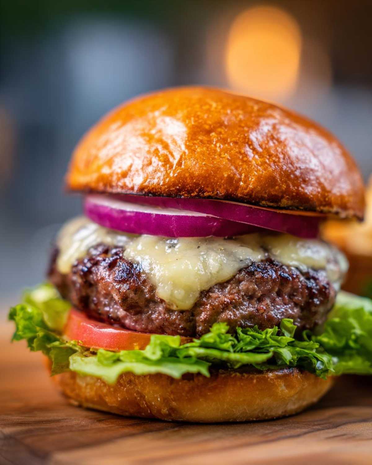 Zdjęcie przedstawia domowy burger wołowy z serem, pomidorem, sałatą i czerwoną cebulą na drewnianej desce.