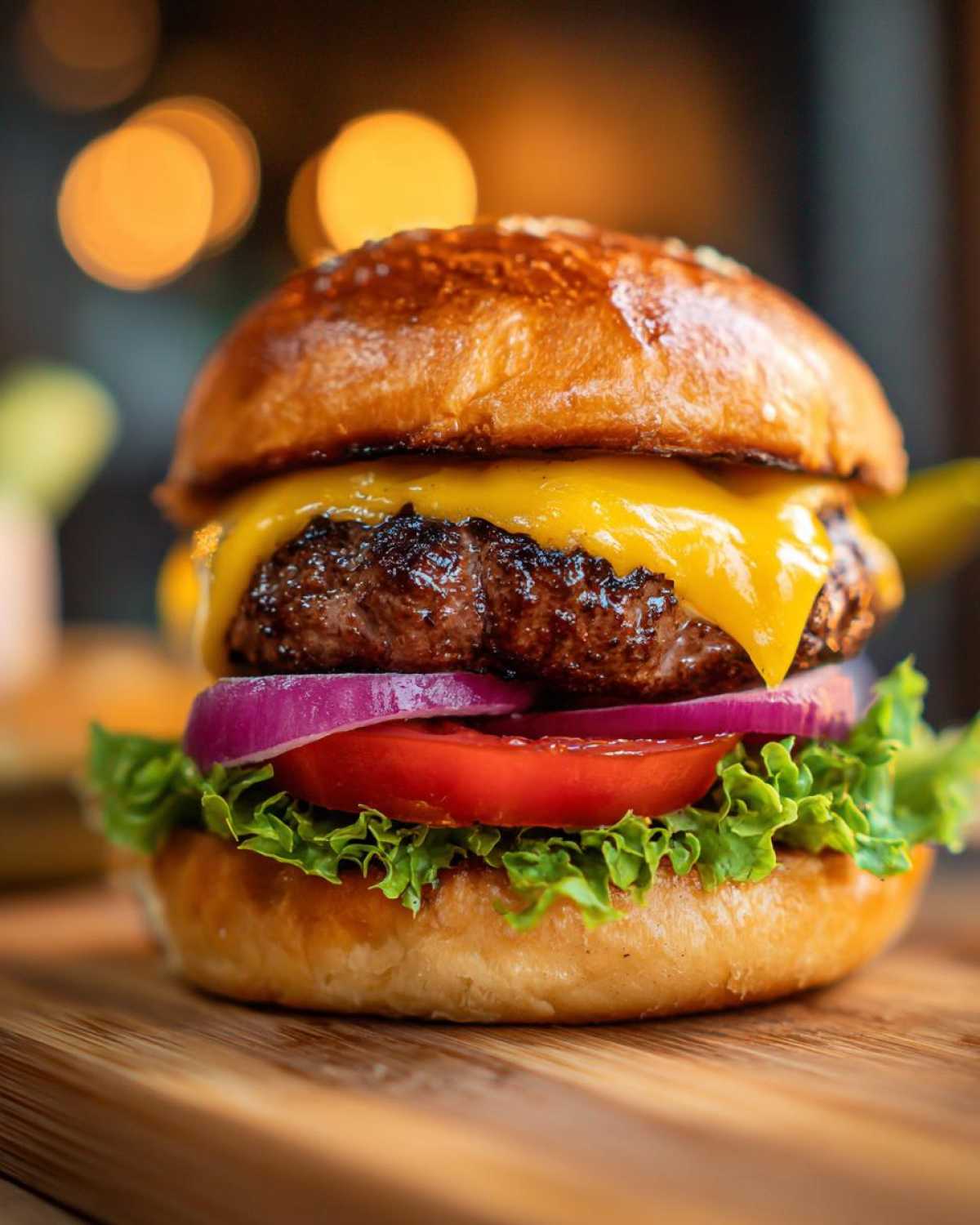 Soczysty domowy burger wołowy z serem, pomidorem, cebulą i sałatą na drewnianej desce.