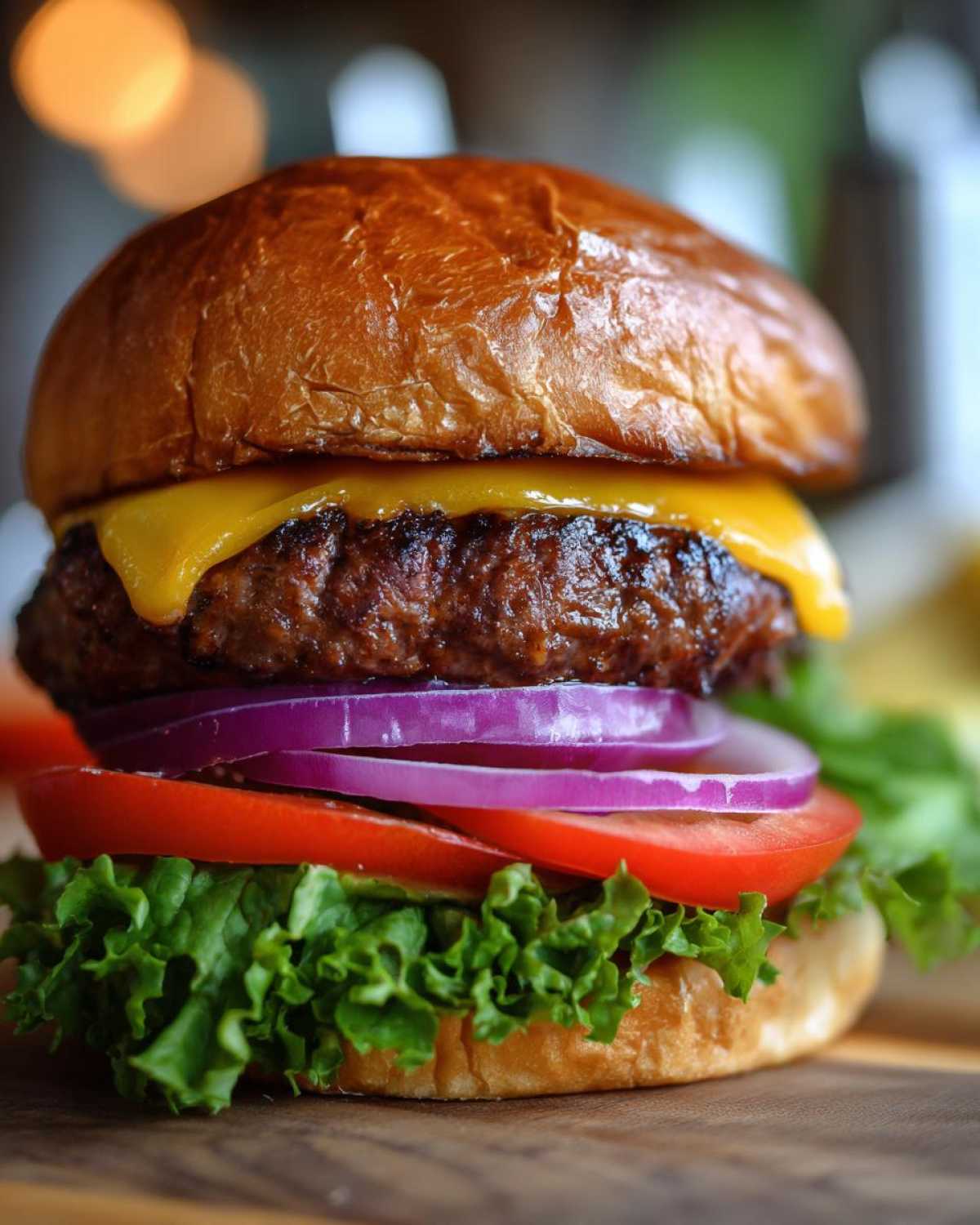 Zdjęcie zbliżeniowe Domowego Burgera Wołowego z serem, pomidorem, cebulą i sałatą.
