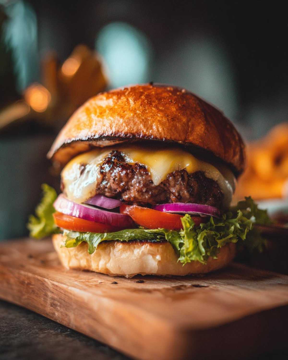 Zdjęcie przedstawia apetyczny domowy burger wołowy z serem, pomidorem, cebulą i sałatą na drewnianej desce.