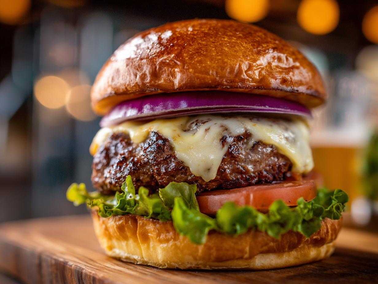 Apetyczny domowy burger wołowy z serem, pomidorem, sałatą i czerwoną cebulą na drewnianej desce.