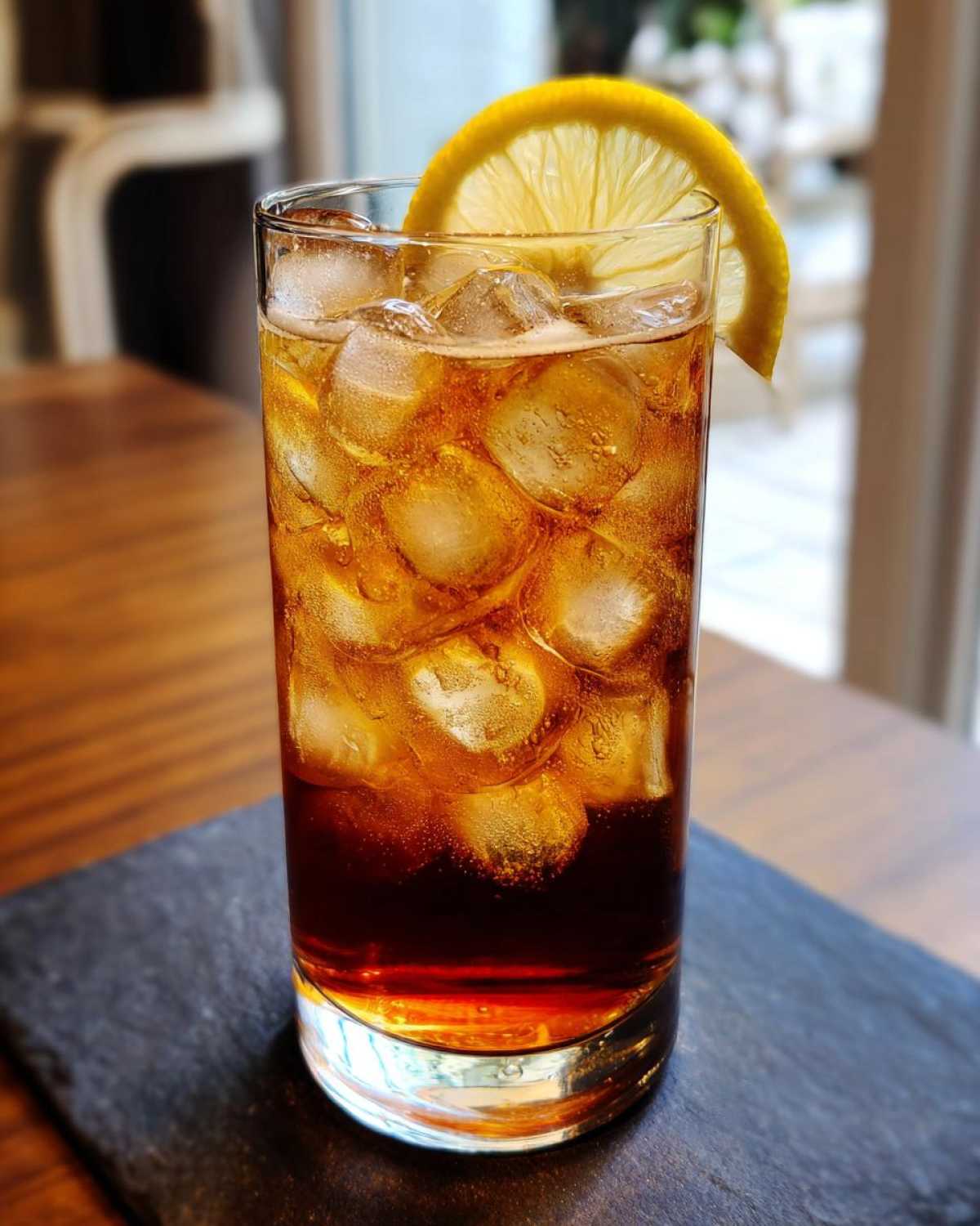 Szklanka espresso tonic z lodem i plasterkiem cytryny. Idealny napój na lato.
