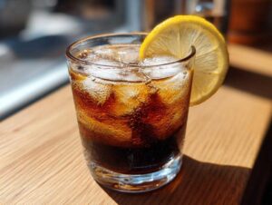 Szklanka espresso tonic z lodem i plasterkiem cytryny. Idealny napój na lato.