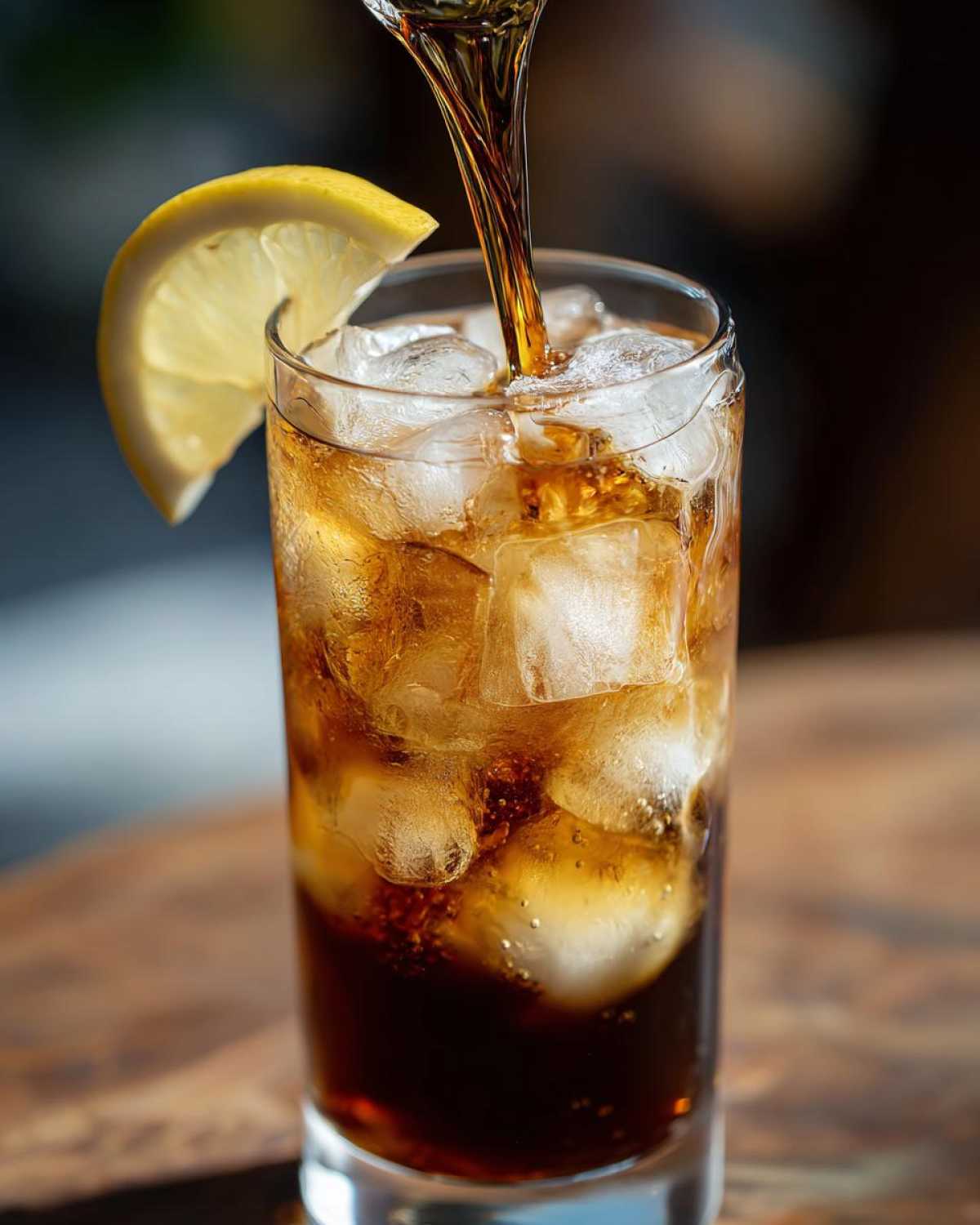 Szklanka espresso tonic z lodem, dekorowana plasterkiem cytryny. Idealny napój na lato.