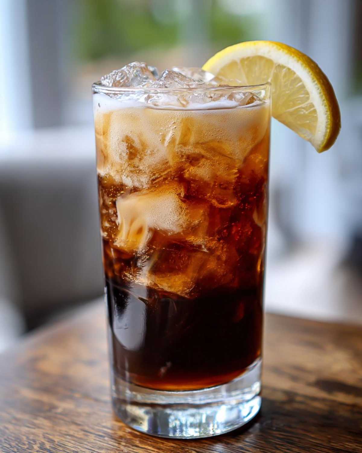 Szklanka espresso tonic z lodem i plasterkiem cytryny. Idealny napój na lato.