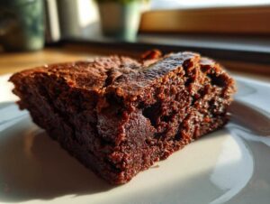 Kawałek pysznego, wilgotnego fit brownie z batatów na białym talerzu.