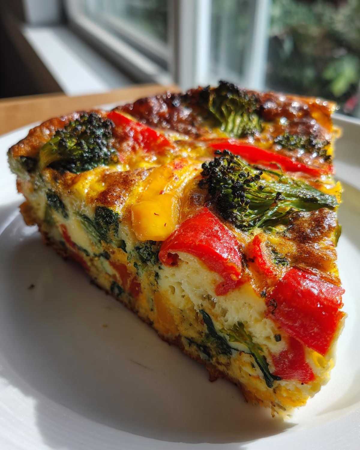 Zdjęcie kawałka Frittata warzywna z wyraźnie widocznymi brokułami, papryką czerwoną i żółtą.