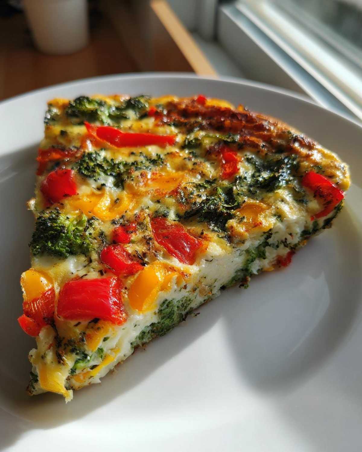 Zdjęcie z bliska kawałka Frittata warzywna z brokułami, czerwoną i żółtą papryką na białym talerzu.
