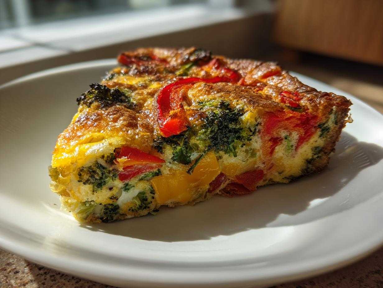 Kawałek frittata warzywna z brokułami, czerwoną i żółtą papryką na białym talerzu.