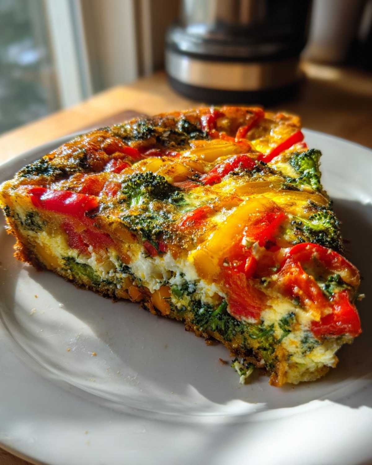 Kawałek frittata warzywna na talerzu, z widocznymi brokułami, papryką i jajkami.