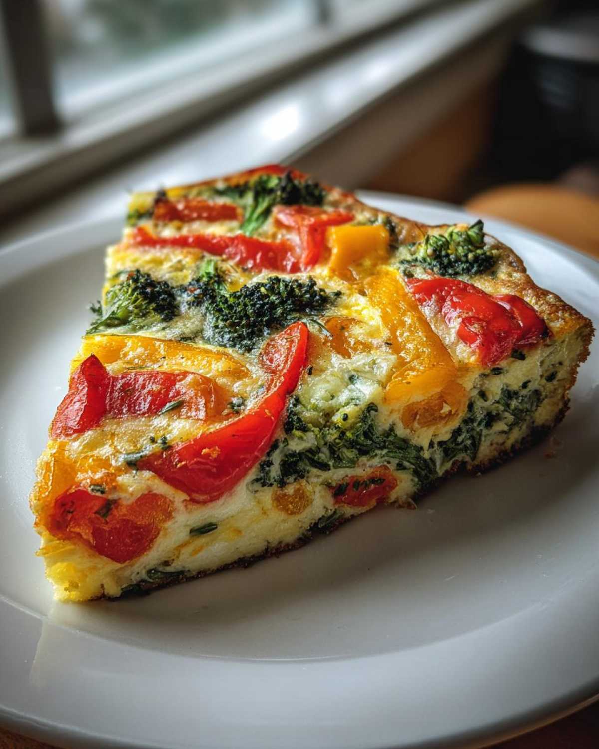 Kawałek frittata warzywna z brokułami, czerwoną i żółtą papryką na białym talerzu.