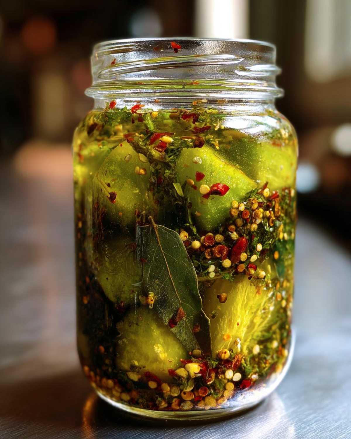 Słoik z kawałkami kiszonego mango, zalany zalewą z przyprawami, w tym chili i liściem laurowym.