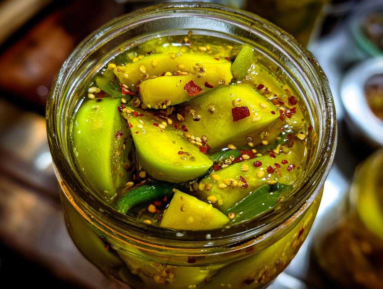 Zbliżenie na słoik z kiszonym mango, kawałki mango pływające w zalewie z przyprawami i papryczką chili.