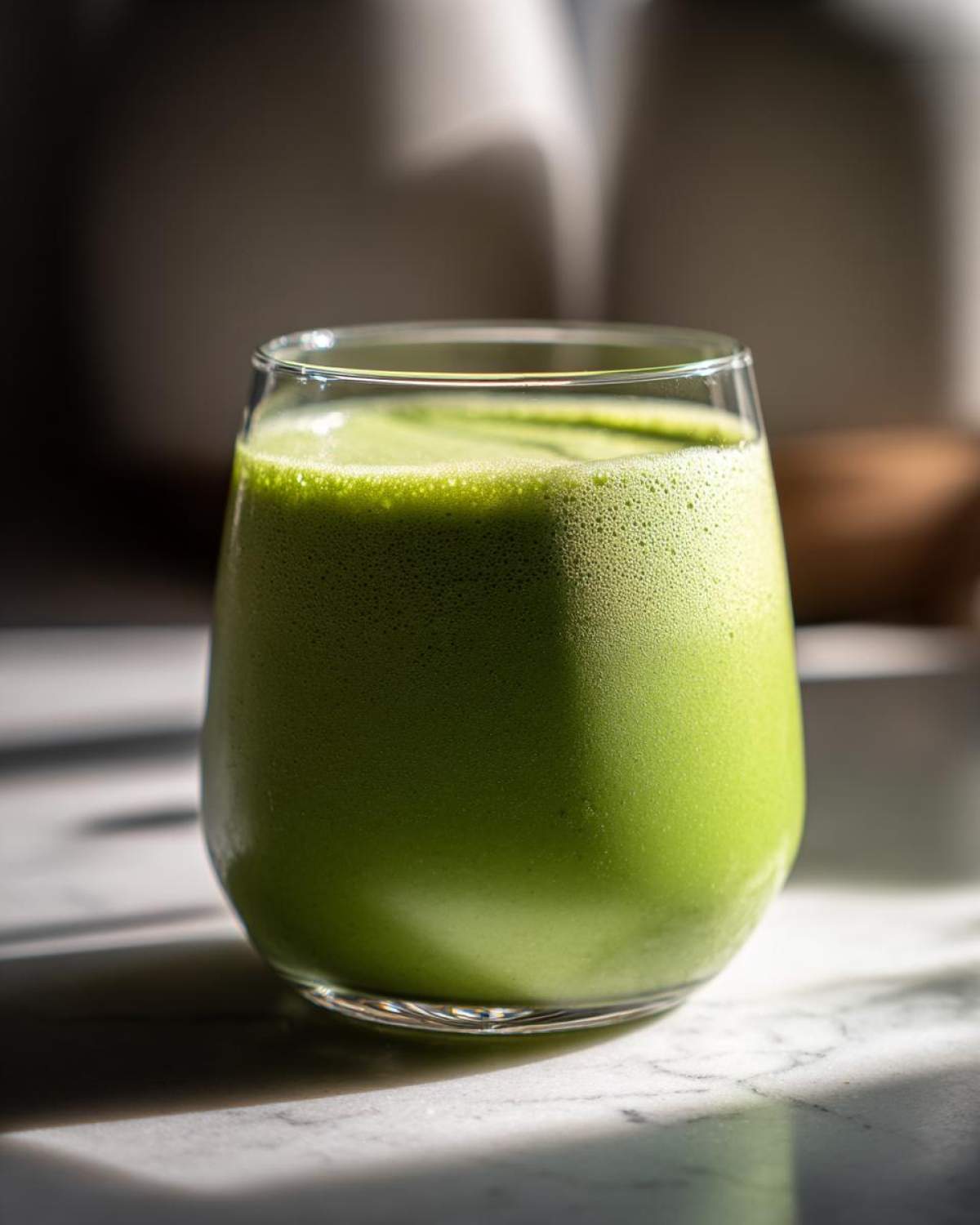 Szklanka pełna zielonego koktajlu szpinakowo-bananowego na marmurowym blacie.